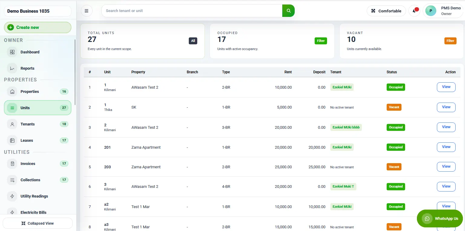 RentalDesk property and unit management screen